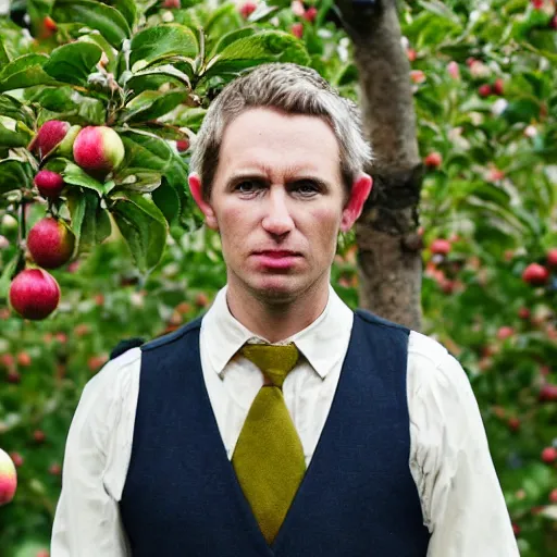 Prompt: portrait of an elf man, standing in an apple orchard, dressed well, very handsome