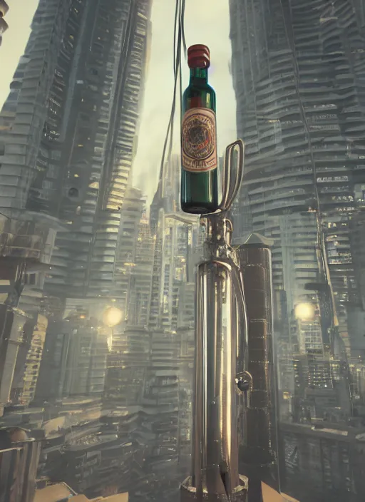 Prompt: a broad bottle with a city inside standing on a table, tubes going from a machine into the top of the bottle, 8k, unreal engine, trending on artstation,