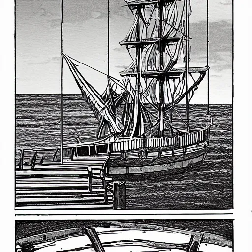 Prompt: brigantine pirate ship with an observation tower, and a large fruit tree on its deck smooth, sharp focus, high contrast, colourful, graphic novel, art by ralph bakshi and dave sim and frank quitely and moebius and jeff smith,