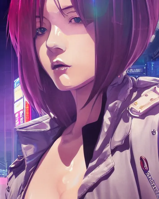 Prompt: police officer girl very very anime!!! fine face, audrey plaza, realistic shaded perfect face, fine details. anime. realistic shaded lighting cyberpunk futuristic neon tattoos styled hair reflective puffy sheen film jacket decorated poster by ilya kuvshinov katsuhiro otomo ghost in the shell magali villeneuve artgerm jeremy lipkin michael garmash rob rey