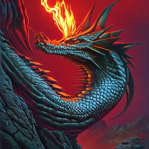 Image similar to bizmuth dragon glowing coals between bizmuth scales dragon profile eyes glowing on a plateau table rock book cover by artist michael whelan photorealistic