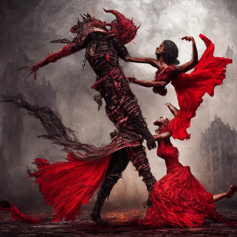 Prompt: black man and a female devil in red dress are dancing together, Dark Souls 3 themed, in style of Ruan Jia, insanely detailed and intricate, golden ratio, elegant, ornate, luxury, elite, matte painting, cinematic, cgsociety, James jean, Brian froud, ross tran, Laputa