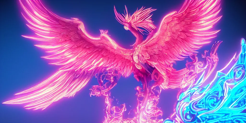 Prompt: a photo of 8k ultra realistic phoenix, intricate pink and blue neon, ornate, cinematic lighting, trending on artstation, 4k, hyperrealistic, focused, high details, unreal engine 5, cinematic, masterpiece