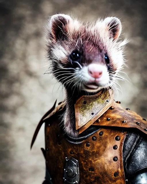 Image similar to ferret love warrior, furry, fantasy, viking, high detailed, hearts, photography, cloudy, lightweight leather armour, scandinavia, plain, detailed face, look into the distance, serious face, full body, in full growth, professional photographer, masterpiece, 5 0 mm, extremely detailed, digital art, middle ages, minimalism 8 k