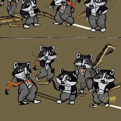 Image similar to a gang of raccoons destroying the city in the style of banksy, trending on ArtStation