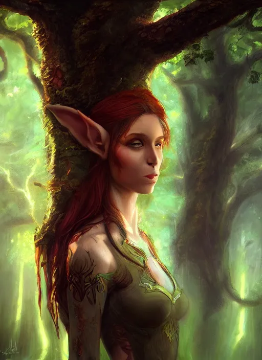 Image similar to A hyperrealistic fantasy portrait painting of a beautiful female elf in a lush dark atmospheric lightning forest, DAZ, hyperrealistic, ambient light, dynamic light, artstation, deviantart, nice body