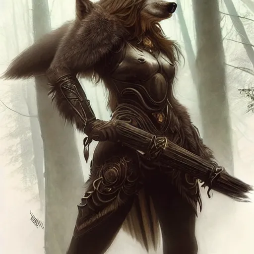 Image similar to long shot photo of a humanoid female she - wolf with wolf head were a heroic dress an armour in the forest, long hair, highly detailed, digital painting, artstation, smooth, sharp focus, illustration, art by artgerm and greg rutkowski and alphonse mucha