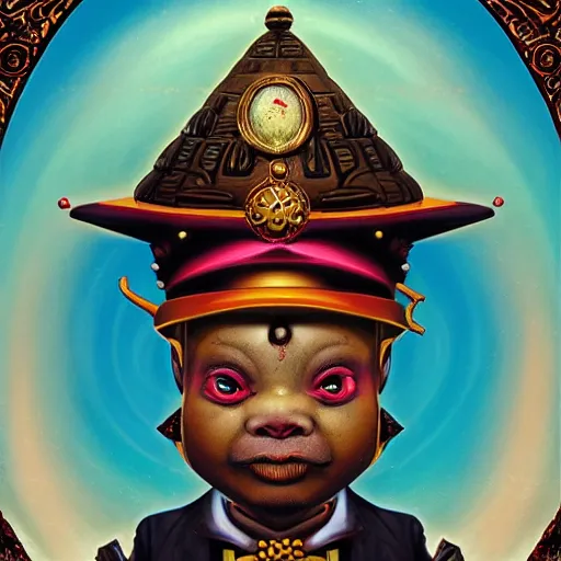 Prompt: wide angle dynamic portrait of a chibbi dogon priest in a black rose garden with a red pond and a golden ornate steampunk portal, by mark ryden and todd schorr and mark davis and thomas kinkade in a surreal lowbrow style, digital paint, matte paint, radiant light, vivid synthwave colors, breathtaking landsape