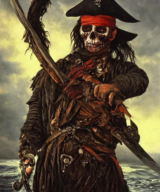 Prompt: ultra realistic color portrait painting of an undead 1 7 th century pirate with a sword in a grotto, dark, painted, brooding, atmospheric, seascape, horror, smooth, epic, highly detailed, cinematic, by clyde caldwell