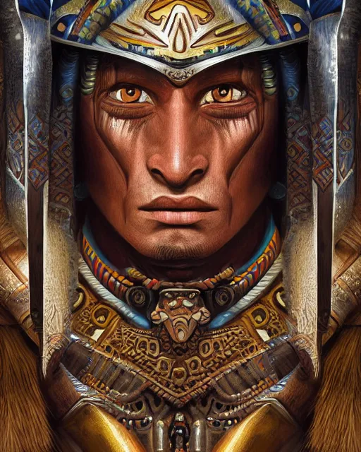 Image similar to digital painting of a mayan warrior by filipe pagliuso and justin gerard, symmetric, fantasy, highly detailed, realistic, intricate, portrait, sharp focus