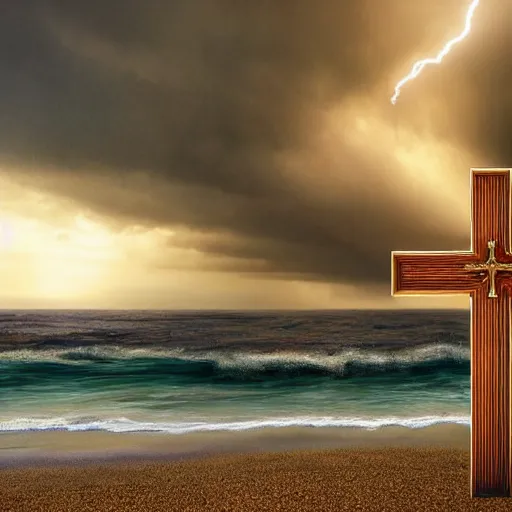 Image similar to a highly detailed vector render of a large cross standing on the beach as a storm comes in with the tide, a beautiful blonde woman sitting in the sand watching the ocean, epic fantasy, god rays, rocky beach, aerial photography, volumetric lighting, octane render, exquisite detail, 8 k, art by hayao miyazaki and albert bierstadt and alphonse mucha