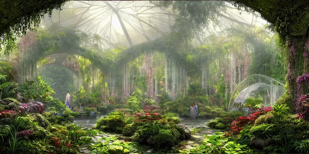 Prompt: long shot of a bright sun shining through a gardens in the bay interior, glass conservatory, over grown botanical garden, pre raphaelite, atmospheric, ground mist, waterfalls, light streams, style of gardens in the bay singapore, art by artgerm, sharp, intricate detail,