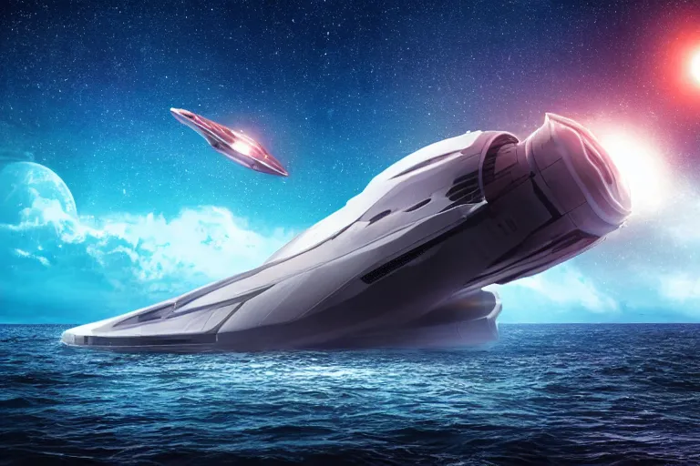 Prompt: enormous spaceship crashing into the sea at night