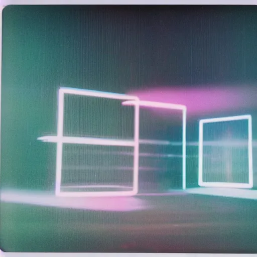 Image similar to a pastel coloured Polaroid photo of a minimalist cubic neon piano made of transparent perspex in a field, beams of light, nostalgic, morning fog, centre-frame