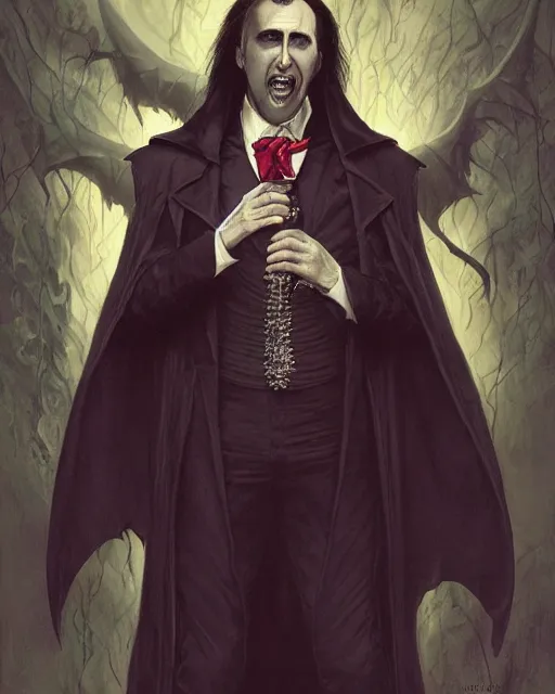 Image similar to nicolas cage as dracula vampire, highly detailed, centered, artstation, concept art, smooth, sharp focus, illustration, bokeh art by artgerm and donato giancola and joseph christian leyendecker