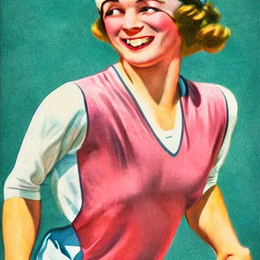 Prompt: a 1 9 3 0 s portrait. happy, healthy, beautiful, smiling, young, sporty, glowing woman in decent athletic wear. hyper - realistic detailed color drawing