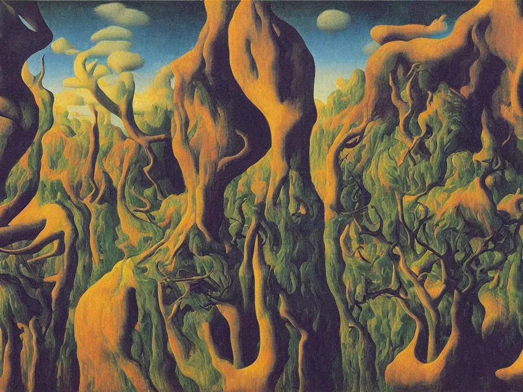 Prompt: dreamless night, sweaty mountain, the antler people, African mask, acid rains. Painting by Rene Magritte, Jean Delville, Max Ernst, Maria Sybilla Merian