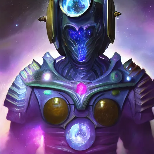 Image similar to photorealistic fantasy cosmic concept art of a cosmic god with armor made out of planets and dark matter, hovering in a unknown galaxy, fully body portrait, cinematic, dynamic lighting, ultra detailed, creative, trending on art station, creative