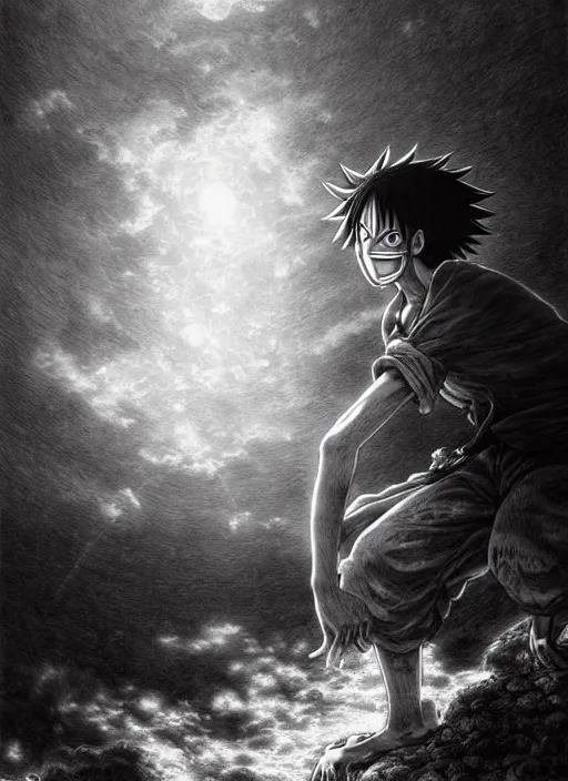 Prompt: luffy, anime, manga, epic scene, photorealistic, highly detailed, texture, soft light, dramatic, moody, ambient, painting by gustave dore