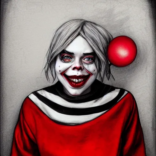 Image similar to surrealism grunge cartoon portrait sketch of billie eilish with a wide smile and a red balloon by - michael karcz, loony toons style, pennywise style, horror theme, detailed, elegant, intricate