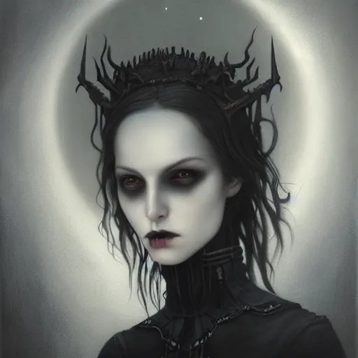 Image similar to By Tom Bagshaw, ultra realist soft painting of a gothic crypt by night, Female vampire smile and dressed, horror, omnious sky, symmetry accurate features, very intricate details, black and white, volumetric light clouds