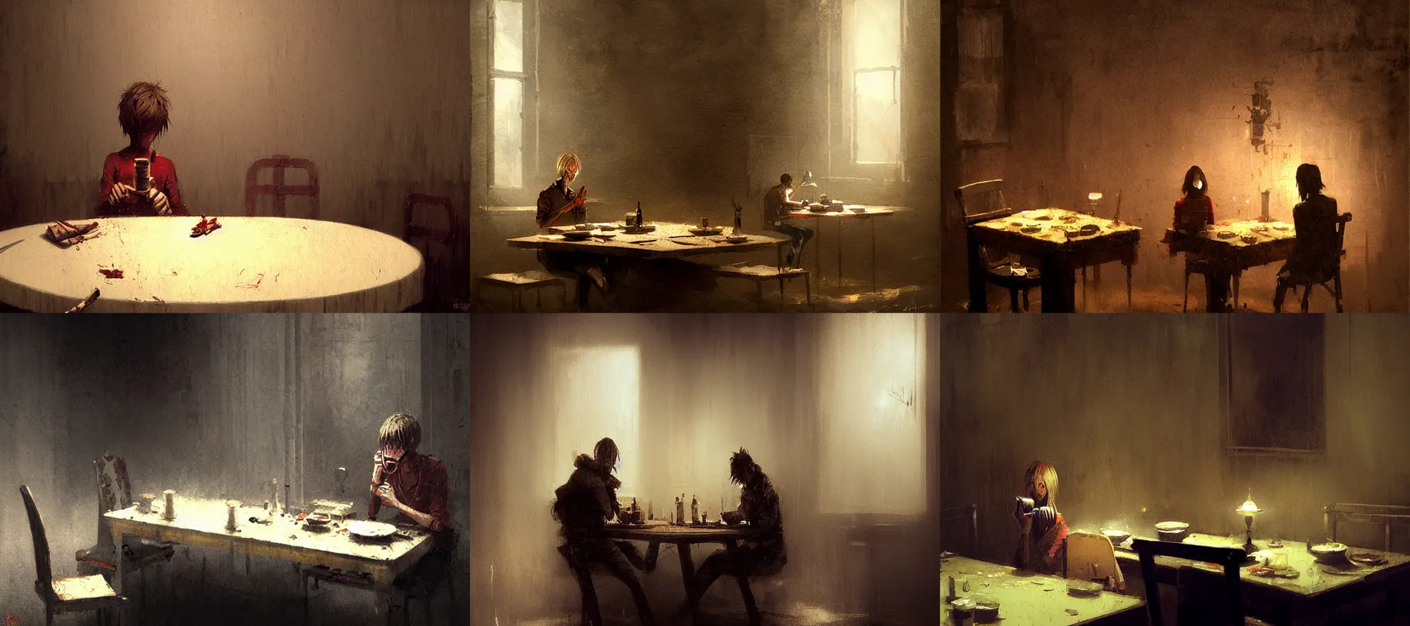 Prompt: woody toy silent hill eating dinner at a table in the backrooms happiness is temporary by greg rutkowski