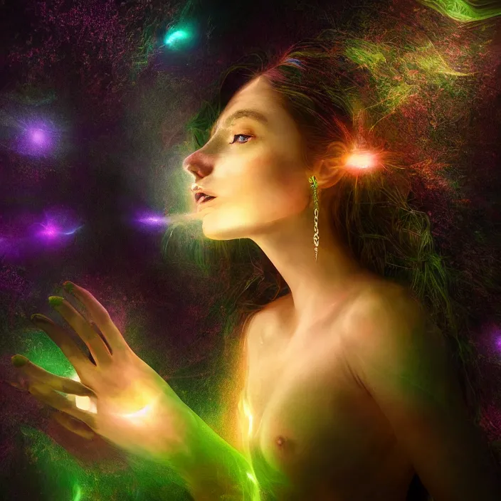 Prompt: an ethereal portrait of a goddess with divine feminine energy, surrounded by luminescent light, dark nature background, hyper - realistic, photo render, extremely detailed