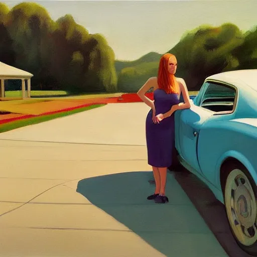 Image similar to Candid portrait, car in the background, dated a woman that lived on Cooterneck Road, She had a Catfish Camero and was cooler than me, by Edward Hopper, Bo Bartlett, and Cynthia Sheppard, Artstation