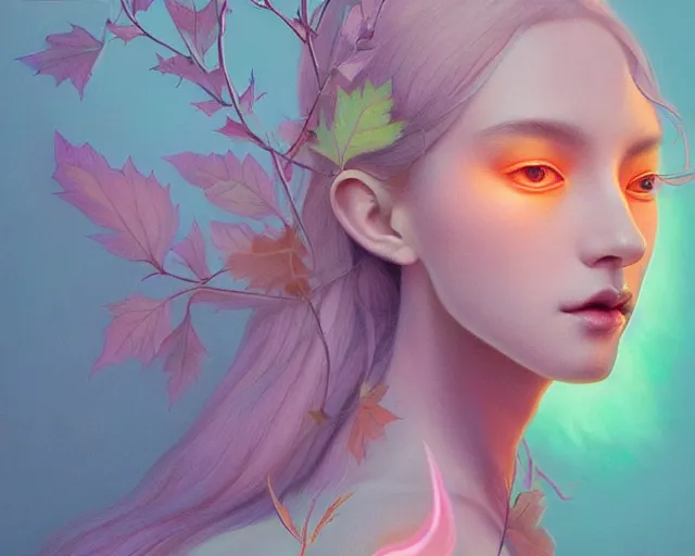 Image similar to highly detailed pastel colors painting of an symmetric ethereal witch with a candle, morphing into autumn leaves, by artgerm and hsiao - ron cheng, smooth composition, fine patterns and detail