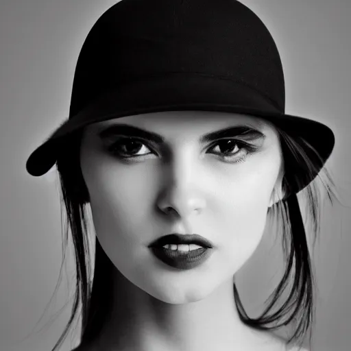 Image similar to black and white photograph of centered fashion model girl in wide !white! hat, hyperrealism style