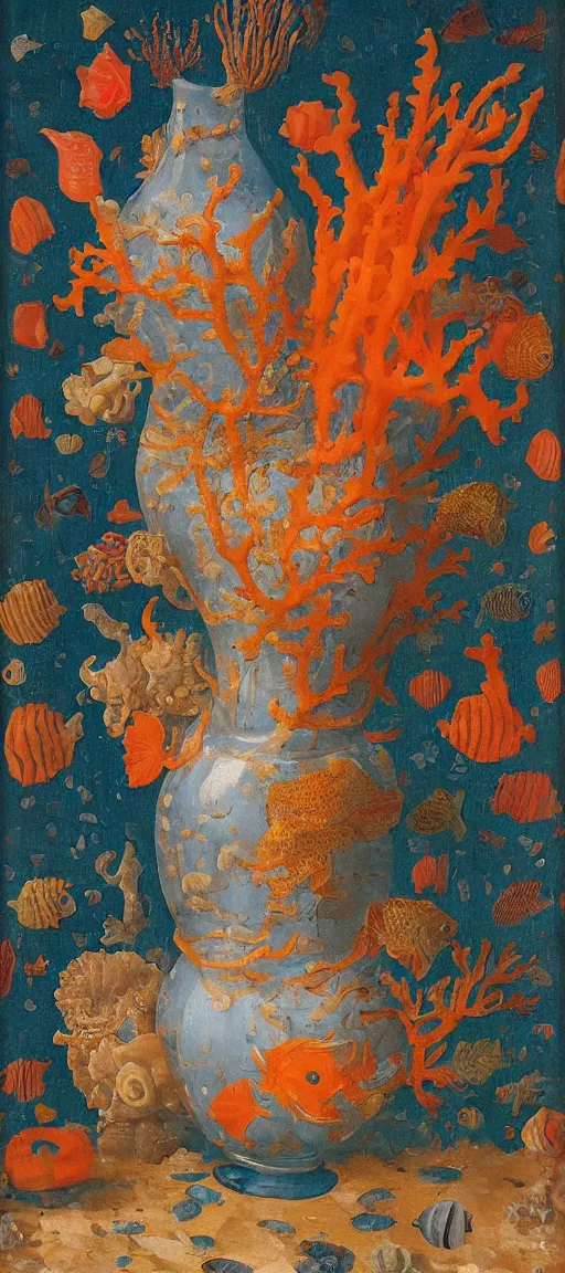 Prompt: bottle vase of coral under the sea decorated with a dense field of stylized scrolls that have opaque outlines enclosing mottled blue washes, with orange shells and purple fishes, Ambrosius Bosschaert the Elder, oil on canvas, hyperrealism, around the borders of the painting there are no objects