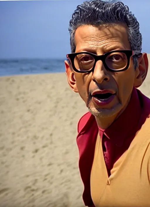 Image similar to jeff goldblum as polymorphic banana tomato raspberry on the sand of a beach