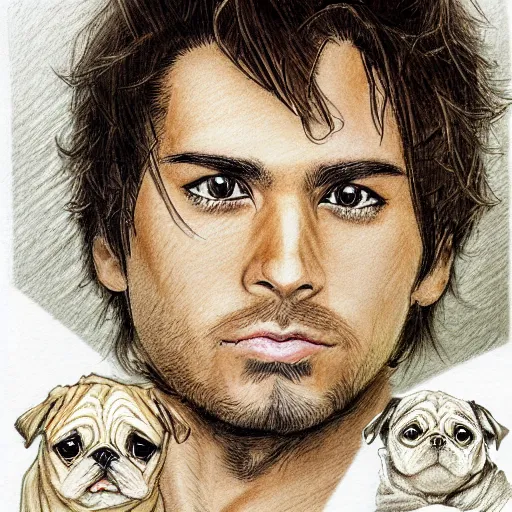 Prompt: self portrait, young white hispanic handsome man with short light brown hair and light skin holding a pug for a picture, pencil art, added detail, high definiton, colored, backfacing, by yoji shinkawa