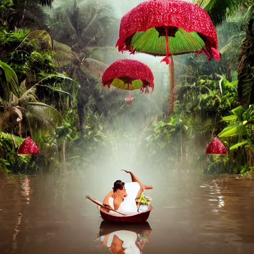 Prompt: monsoon on tropical island, attractive oriental native in white, frontal, ornate, beautiful, atmosphere, vibe, mist, coconuts, rain, wet, pristine, puddles, melting, dripping, snow, creek, lush, ice, bridge, forest, roses, flowers, concept art, luis rollo, ruan jia, steve mccurry, john berkey