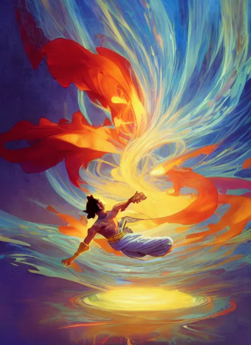 Image similar to aladdin, orange spike aura in motion, floating pieces, painted art by tsuyoshi nagano, greg rutkowski, artgerm, alphonse mucha, spike painting