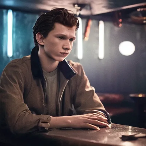 Prompt: tom holland at a 1 9 5 0's bar during a rainy night, cinematic lighting, photorealistic