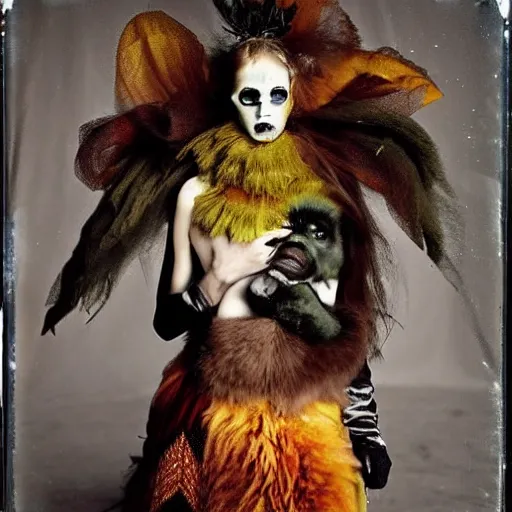 Image similar to damaged kodak portra 4 0 0, wetplate, photo of a surreal artsy dream scene,, very beautiful model, weird fashion, grotesque, extravagant dress, strange pose, carneval, with an animal, wtf, photographed by paolo roversi style