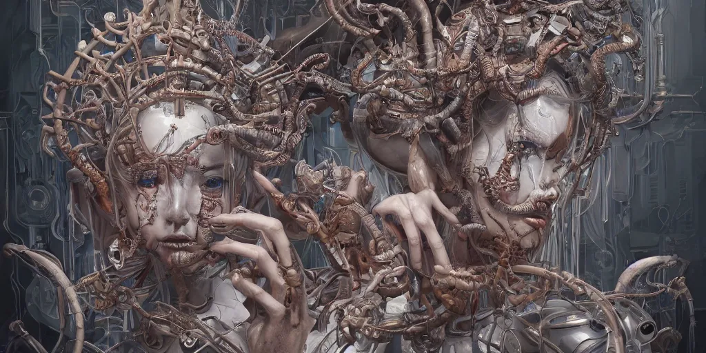 Image similar to hyperrealistic photography of a highly detailed and symmetrical gorgeous female demigorgon deconstructing an ark machine in the style of Jin Kagetsu, James Jean and wlop, highly detailed, face symmetry, masterpiece, award-winning, sharp focus, intricate concept art, ambient lighting, 8k, artstation