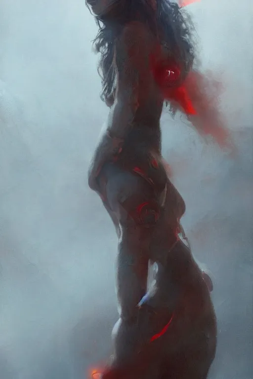 Image similar to Mars Bringer of War as a 19-year old girl figure, Martian tattoos, subject wearing a Martian pattern dress, cinematic light, volumetric shading, by Jeremy Mann and greg rutkowski, muted Martian colors, with few red-orange highlights, trending on artstation, 80 mm lens, oil on canvas