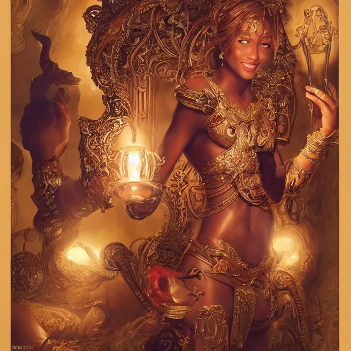 Image similar to a short haired genie, female, young, brown hair, brown skin, abs, emerging from her lamp, confident and smiling, insanely detailed and intricate, hypermaximalist, elegant, ornate, hyper realistic, super detailed, Art Deco, cinematic, trending on artstation, magic the gathering artwork, centered