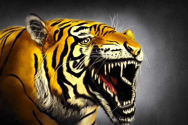 Image similar to An extremely bright studio photograph of a snarling tiger in the style of Salvador Dali, establishing shot, high-quality, professional, dramatic lighting, extremely high detail, trending on artstation