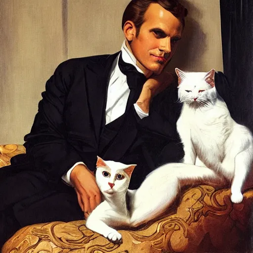 Image similar to portrait of macron reclining on the sofa, petting a cat, black suit, by j. c. leyendecker, tamara de lempicka