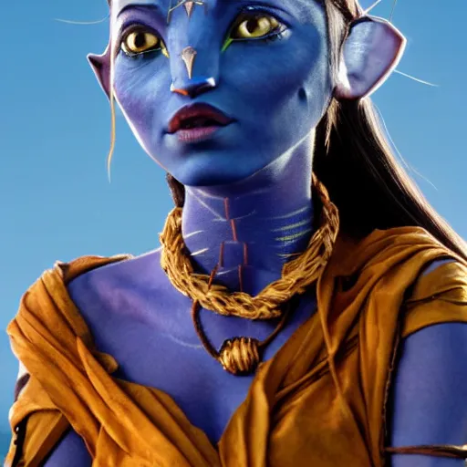 Image similar to a blue - skinned female navi from avatar wrapped in barbed wire suspended in the air, cosplay, body paint, high resolution film still, hdr color, movie by james cameron