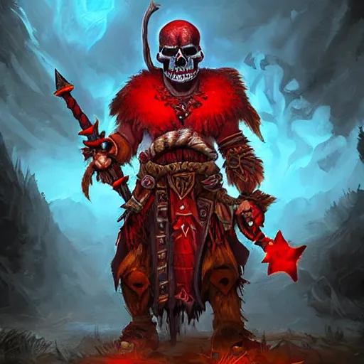 Image similar to red orc shaman, red theme lighting, skull staff, skull garments, battlefield background, in hearthstone art style, epic fantasy style art, fantasy epic digital art, epic fantasy card game art