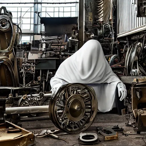 Image similar to a ghost surrounded in mechanical devices and metal sheets