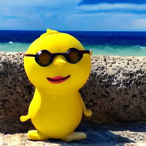 Prompt: a lemon character with sun glasses sitting by the beach with a drink