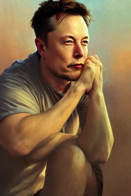 Image similar to photorealistic portrait photograph of elon musk, upper body, handsome, depth of field, soft focus, highly detailed, intricate, realistic, national geographic cover, soft glow, textured, artstation, concept art, sharp focus, illustration, art by artgerm and greg rutkowski and alphonse mucha