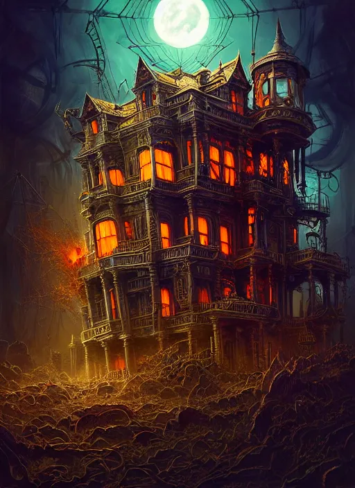 Prompt: hyper detailed ultra sharp of a halloweenpunk pumpkincore steampunk sci - fi haunted megastructure house trending on artstation, warpaint aesthetic, earthwave, colorful, psychedelic, ornate, intricate, digital painting, concept art, smooth, sharp focus, illustration, art by artgerm and greg rutkowski and h. r. giger, 8 k