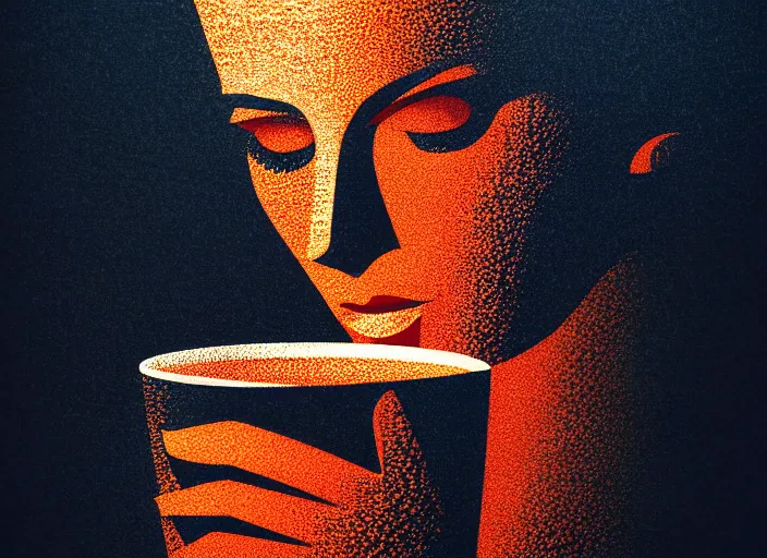 Prompt: portrait of a heroine drinking coffee, colorful,vivid, Mads Berg, Karolis Strautniekas,small finely stippled light, dramatic lighting,fine texutre, editorial illustration, detailed, matte print, dynamic composition,moody, cinematic, film grain,perspective