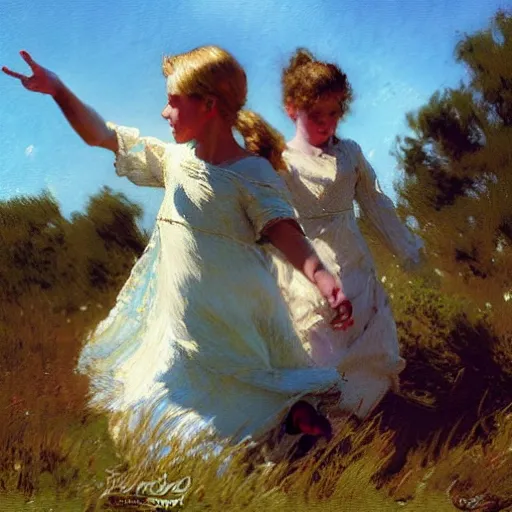 Image similar to detailed wide shot of children playing in the field, spring light, painting by gaston bussiere, craig mullins, j. c. leyendecker